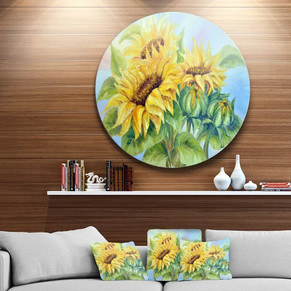 Design Art 'Three Sunflowers' Painting Print on Metal - Yellow