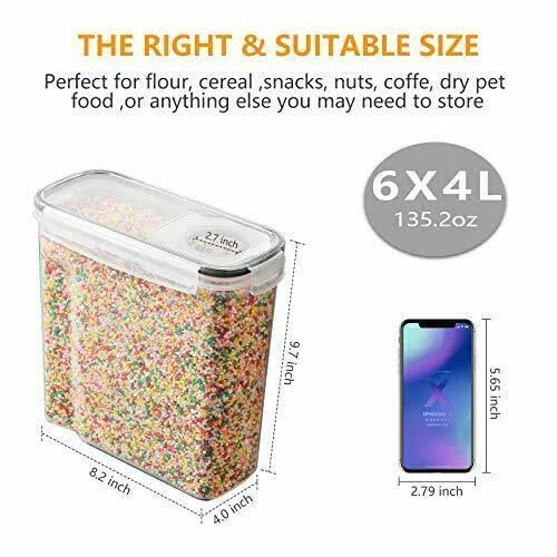 SODPE 6 Pack Cereal Containers Storage Set - BPA Free - Airtight Food Storage Container with Lids, 135.2oz for Snacks, Sugar, Ri
