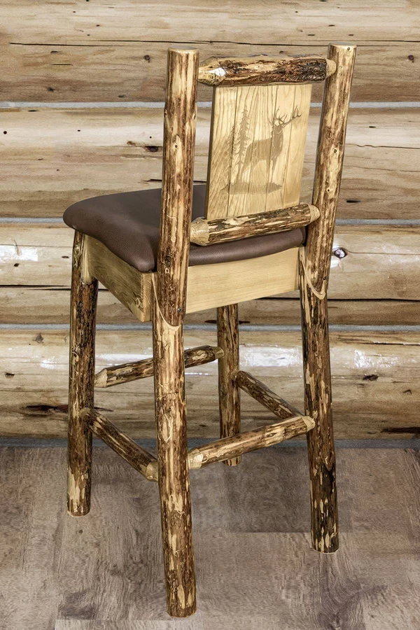Montana Woodworks MWGCBSWNRSADDLZELK Glacier Country Barstool with Back - Saddle Upholstery with Laser Engraved Elk Design