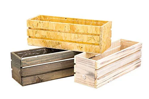 Wood Planter Box with Wine Crate Styled - 12x4 inch Rectangular, Rustic Barn Wood, Plastic Liner, Garden Centerpiece Display, Wed