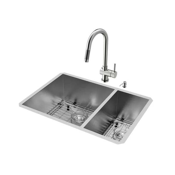 Vigo VG15182 All in One 29x22 Undermount Stainless Steel Double Bowl Kitchen Sink and Faucet Set