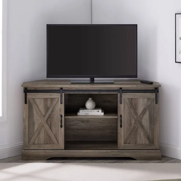 Robinson Rustic Farmhouse Sliding Barn Door Corner TV Stand for TVs Up to 58x22 Gray Wash - Saracina Home