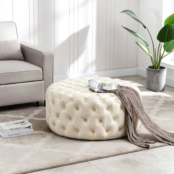 KINWELL 35.4 in. Beige Round Cocktail Ottoman