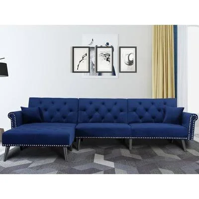 Alsatia 115x22 Wide Velvet Reversible Sleeper Sofa & Chaise Mercer41 Fabric: Navy Blue Velvet