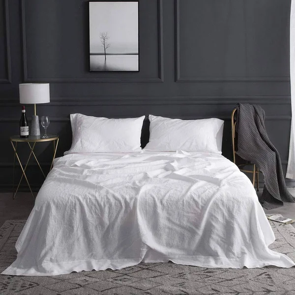 Simpleu0026Opulence 100% Linen Sheet Set Queen Embroidery White (Embroidery White, Queen)