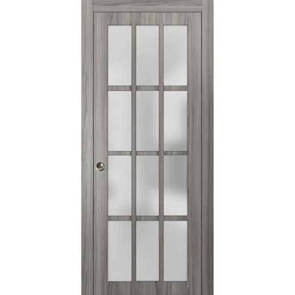 SARTODOORS Sliding French Pocket Door with Frosted Glass 12 Lites, Felicia 3312 Ginger Ash Gray, Kit Rail Hardware, Solid Woo