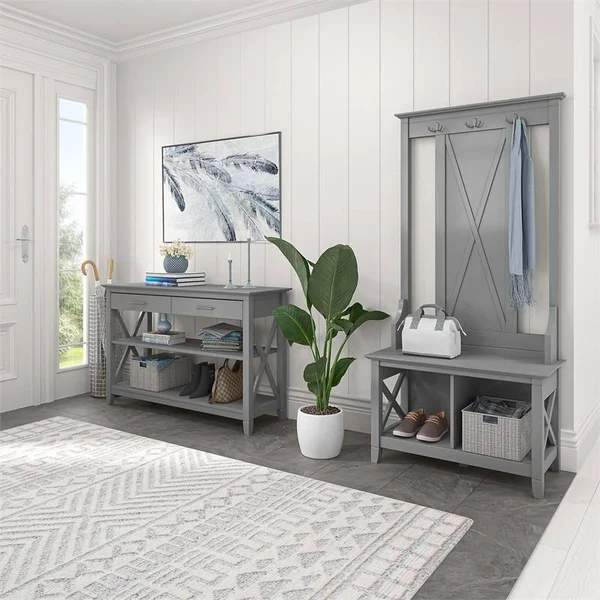 Bush Furniture - Key West Entryway Storage Set with Hall Tree, Shoe Bench and Console Table in Cape Cod Gray - KWS056CG