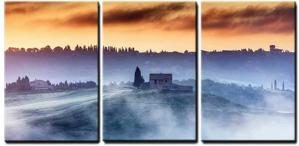 Wall26 - 3 Piece Canvas Wall Art - A Villa on The Top of The Hill in A Misty Sunrise - Modern Home Decor Stretched and Framed Re