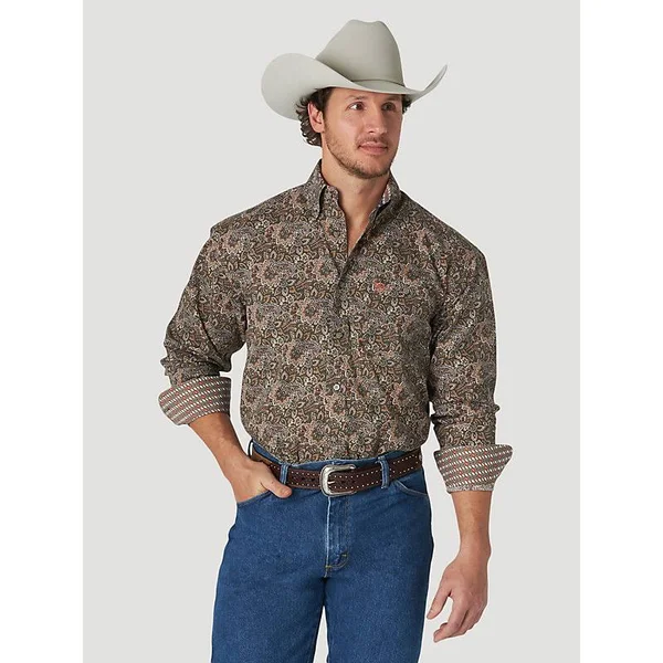 Wrangler Men's L/S Brown Paisley Print George Strait Button Down Shirt