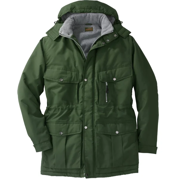 Men's Boulder Creek Fleece-Lined Parka Jacket with Detachable Hood and 6 Pockets (Olive), L