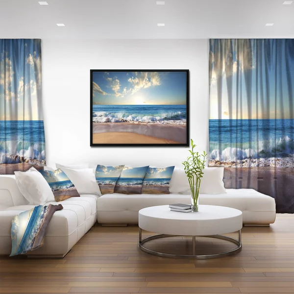 Designart 'Sea Sunset' Seascape Photography Framed Canvas Art Print - 32 in. Wide x 16 in. High - Gold