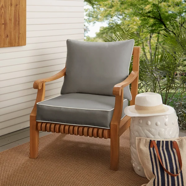 Humble and Haute Sunbrella Charcoal Grey with Ivory Indoor/Outdoor Chair Cushion and Pillow Set - Corded