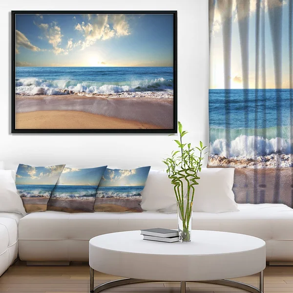 Designart 'Sea Sunset' Seascape Photography Framed Canvas Art Print - 32 in. Wide x 16 in. High - Gold