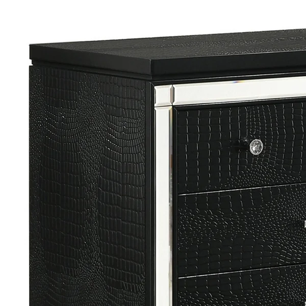3 Drawer Wooden Nightstand with Mirror Accents and Faux Crystal Pulls, Black
