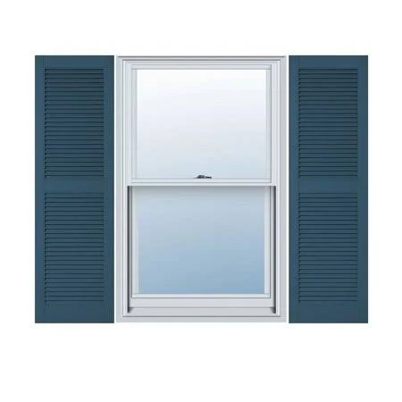 12 inchw x 69 inchh Lifetime Vinyl, Custom Straight Top Center Mullion, Open Louver Shutters, Classic Blue