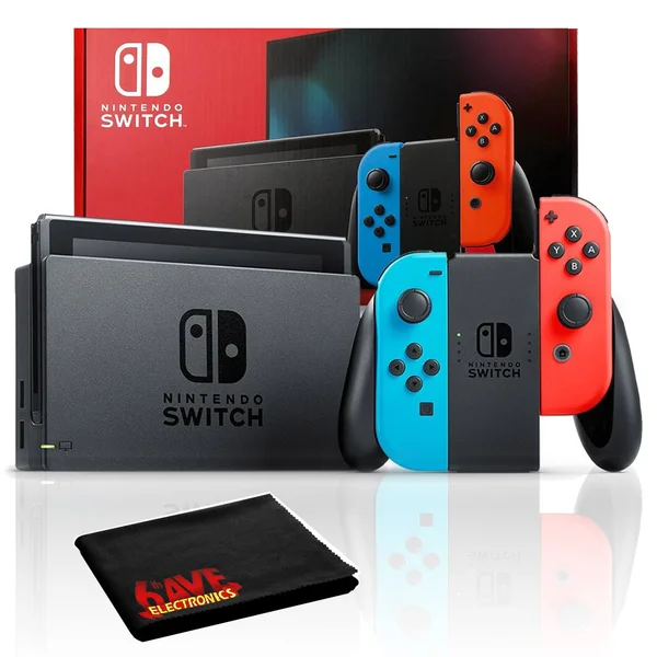 Nintendo Switch with Neon Blue/Red JoyCons Bundle Includes Extra Warranty - Black
