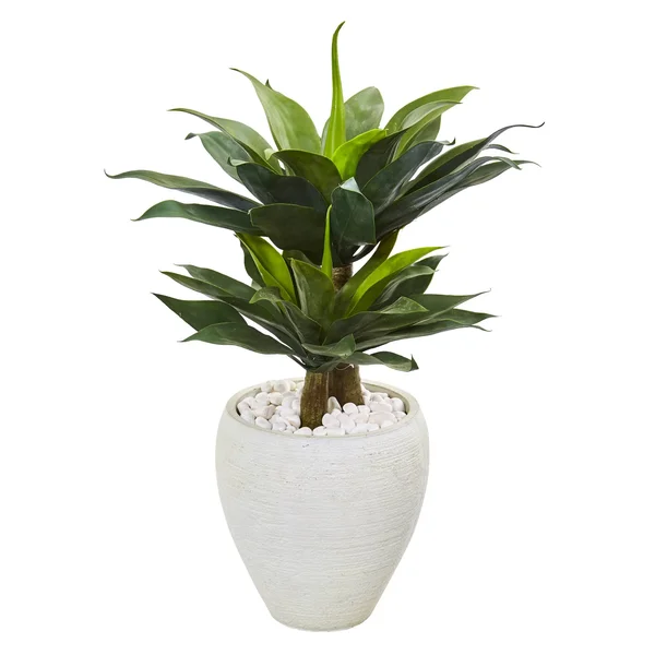 Nearly Natural Double Agave Succulent Artificial Plant in White Planter