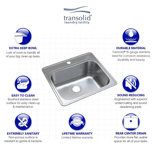 Transolid MTSB252212-4 Meridian 25-in x 22-in x 12-in Laundry/Utility Sink with 4-Hole - Brushed Stainless Steel