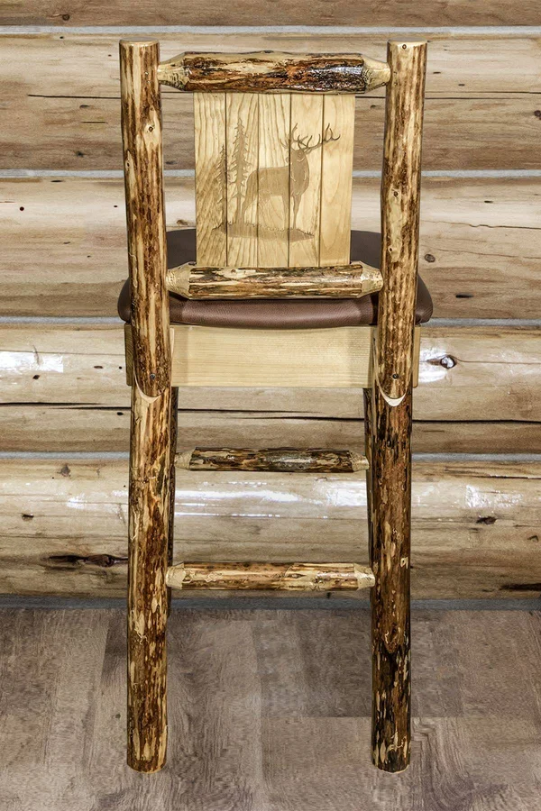 Montana Woodworks MWGCBSWNRSADDLZELK Glacier Country Barstool with Back - Saddle Upholstery with Laser Engraved Elk Design
