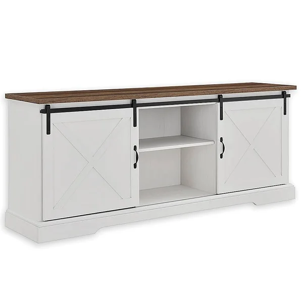 Forest Gate 70x22 Barn Door TV Stand with 3 Adjustable Shelves in Barnwood/White Brown/White