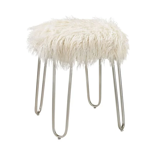 Bailey Street Home Retro White Faux Fur Stool with Silver Legs Made of Faux Fur, Metal in Silver, White Faux Fur Finish