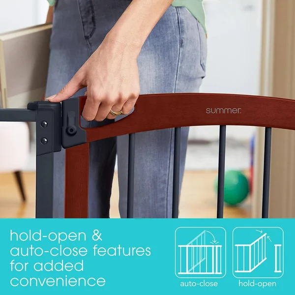 Summer Essex Craft Safety Baby Gate - Solid Wood Cherry Stain Arched Doorway with Charcoal Gray Metal Frame – 30” Tall, Fits open
