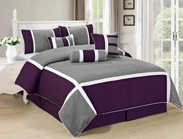 All American Collection New 7 Piece Embroidered Over-Sized Comforter Set (Cal King, Purple/Grey), 104" x 100"