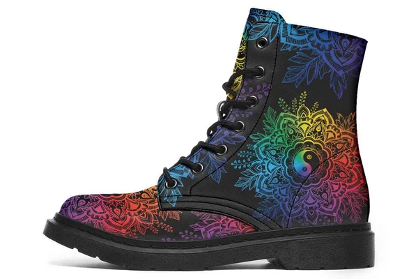 Colorful Yin Yang Boots, Black Mandala Vegan Boots, YesWeVibe Men's Boots, Black Sole, US 3, EU35