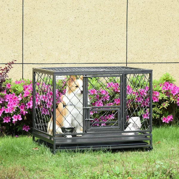 PawHut Dog Crate w/ Wheels & Lockable Door for Medium Dogs - 42.5x22 x 30x22 x 34.25x22