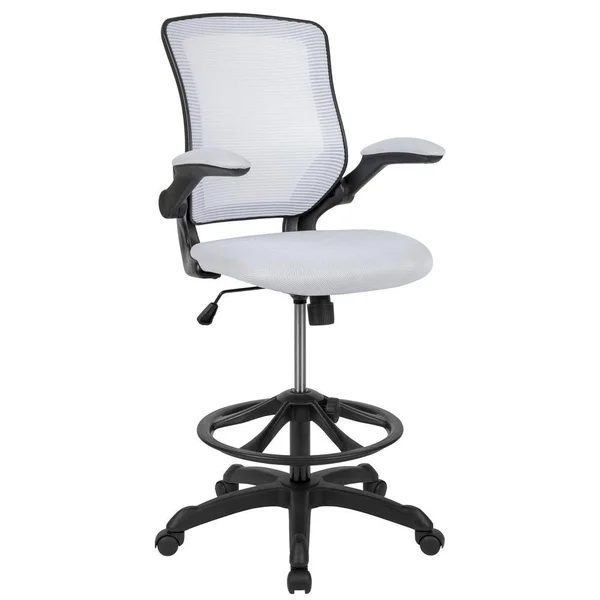 Alamont Mid-Back White Mesh Ergonomic Drafting Chair with Adjustable Foot Ring and Flip-Up Arms [BL-ZP-8805D-WH-GG]