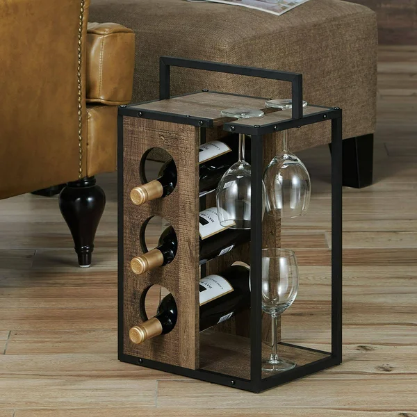 Furniture of America Mayfield Rustic 3-Bottle Wine Rack, Reclaimed Oak