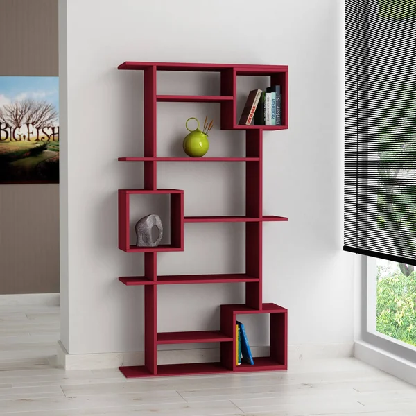 Barrett 10-Shelf Modern Bookcase - Red/Burgundy