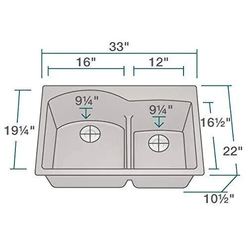 Mr Direct T811-M-CSTFL Quartz Granite 33x22 L x 22x22 W Double Basin Drop-In Kitchen Sink with STRAINER and Flange Finish: Mocha