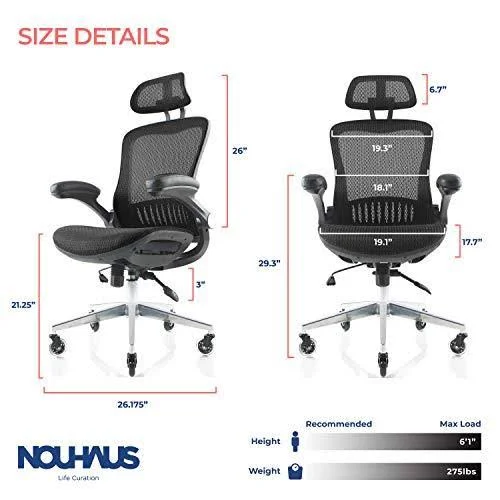 NOUHAUS ErgoFlip Mesh Computer Chair - Grey Rolling Desk Chair with Retractable Armrest and Blade Wheels Ergonomic Office Chair