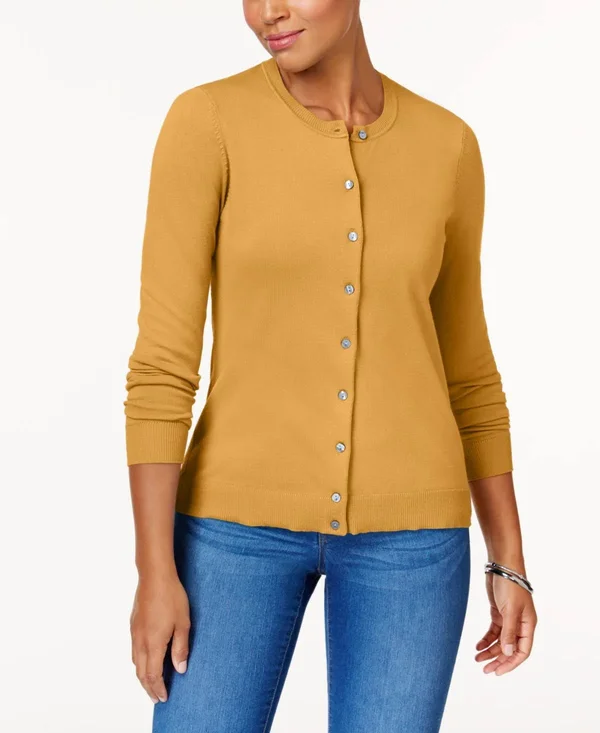 Karen Scott-Crew-Neck Cardigan-Regular-XL - Women's, Gold