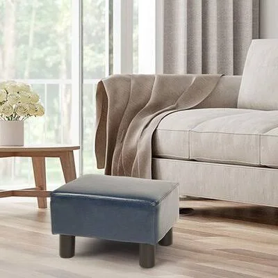 Lochearn 15.5x22 Wide Rectangle Standard Ottoman Ebern Designs Leather Type: Dark Blue Faux Leather, Leg Color: Brown