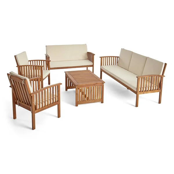 Simona Outdoor 5 Piece Acacia Wood Conversational Set Gray