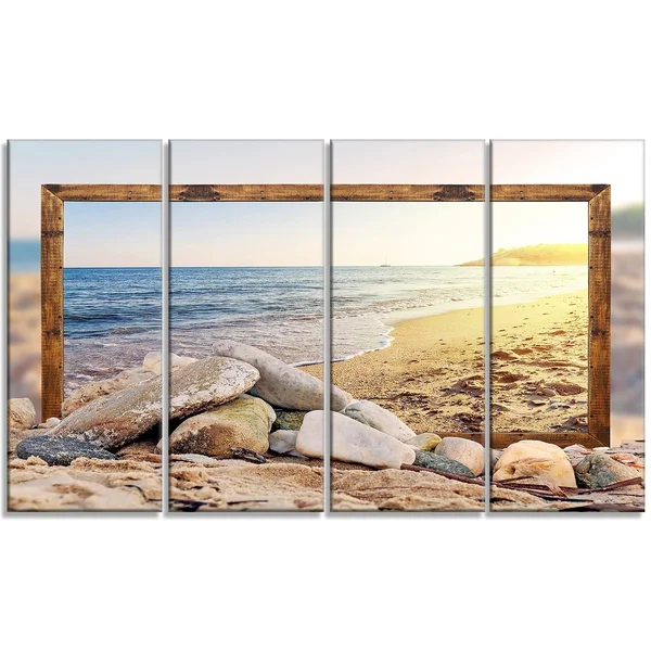 Design Art 'Framed Beach Rocks' Photographic Print on Wrapped Canvas - Size: 20 inch H x 40 inch W x 1 inch D, Blue