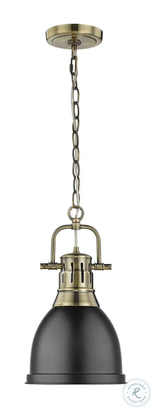 Golden Lighting 3602-S AB-BLK Duncan Small Pendant Light with Chain & Matte Black Shade Aged Brass