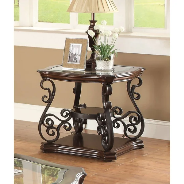 Benzara BM184901 Traditional Solid End Table with Glass Inset Metal Scrolls & 2 Shelves Brown