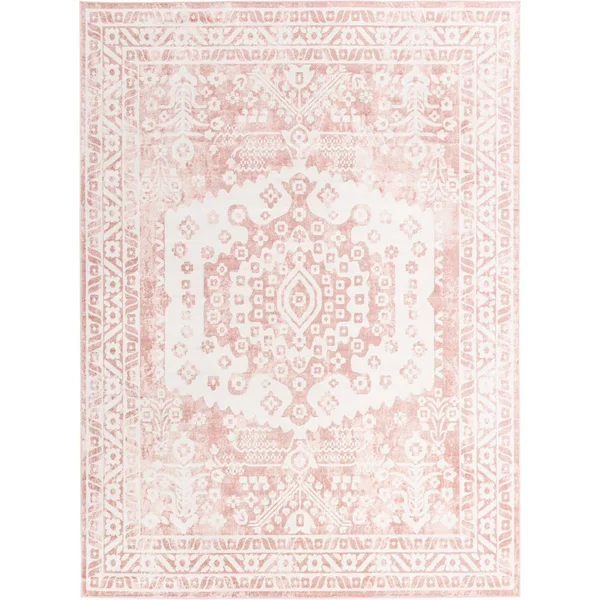 Unique Loom Oxford Medallion Border Rug 10' x 13' Rectangle Pink/Ivory