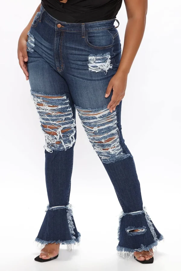 Womens Fray What You Mean Flare Leg Jeans in Dark Wash Size 1x by Fashion Nova