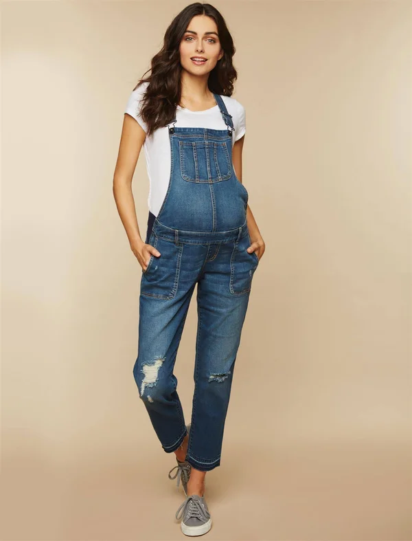 Indigo Blue Side Panel Letdown Hem Maternity Overalls in Medium Wash - S - Motherhood Maternity