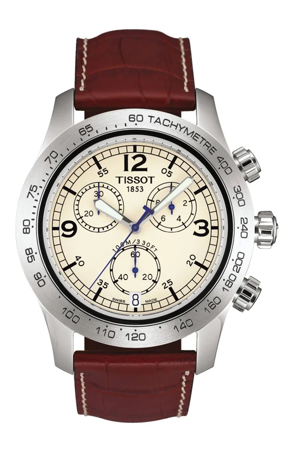 Tissot V8 Chronograph Leather Strap Watch - 43mm Brown/ Ivory/ Silver