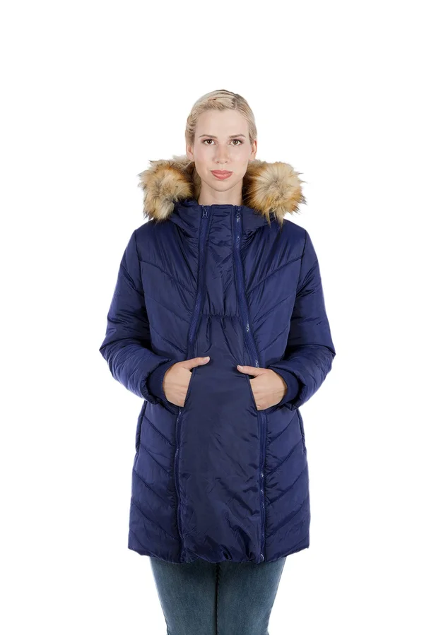 Women's Modern Eternity Faux Fur Trim Convertible Puffer 3-in-1 Maternity Jacket - Size Medium - Blue