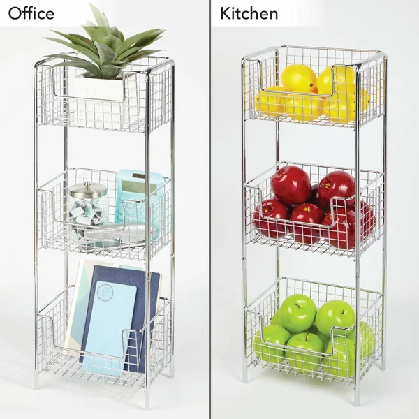 mDesign Vertical Standing Kitchen Pantry Food Shelving with 3 Baskets