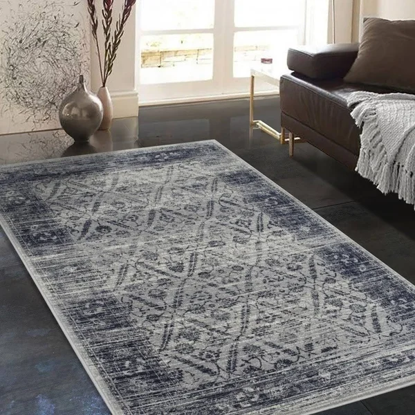 Allstar Rugs Distressed Ivory and Gray Rectangular Accent Area Rug with Black Diamond Lattice Design - 4& 11x22x7& 0x22