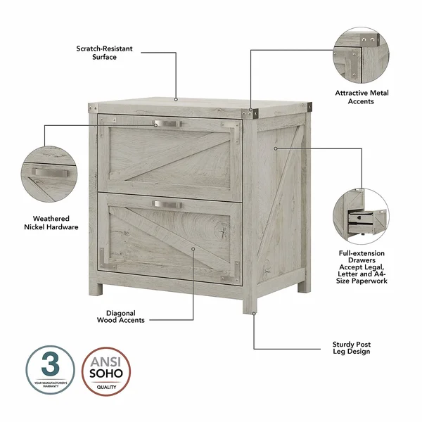 Kathy Ireland Home Cottage Grove 48W Farmhouse Writing Desk with 2 Drawer Lateral File Cabinet - Cottage White