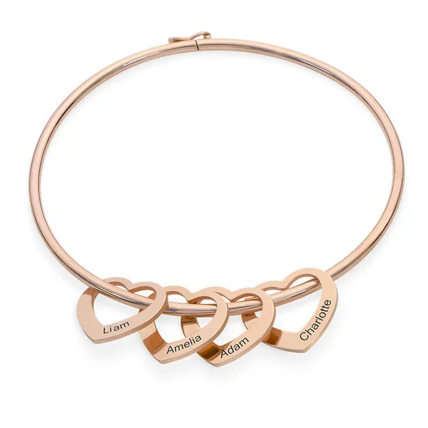 Bangle Bracelet with Heart Shape Pendants in Rose Gold Plating - Grandmother Gifts - Grandma Bracelet