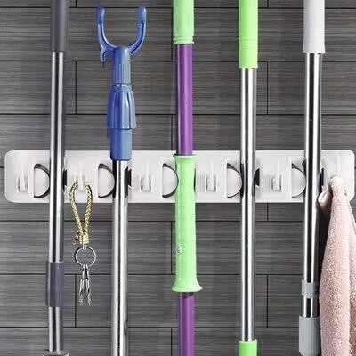 Wall-Mounted Mop Holder Hanger with 5 Positions - White in, White Rebrilliant